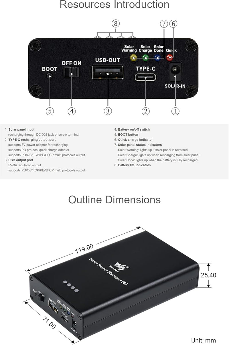 Solar Power Manager (C), Compatible with 6V~24V Solar Panels, Supports 3X 18650 Batteries(Not Includ