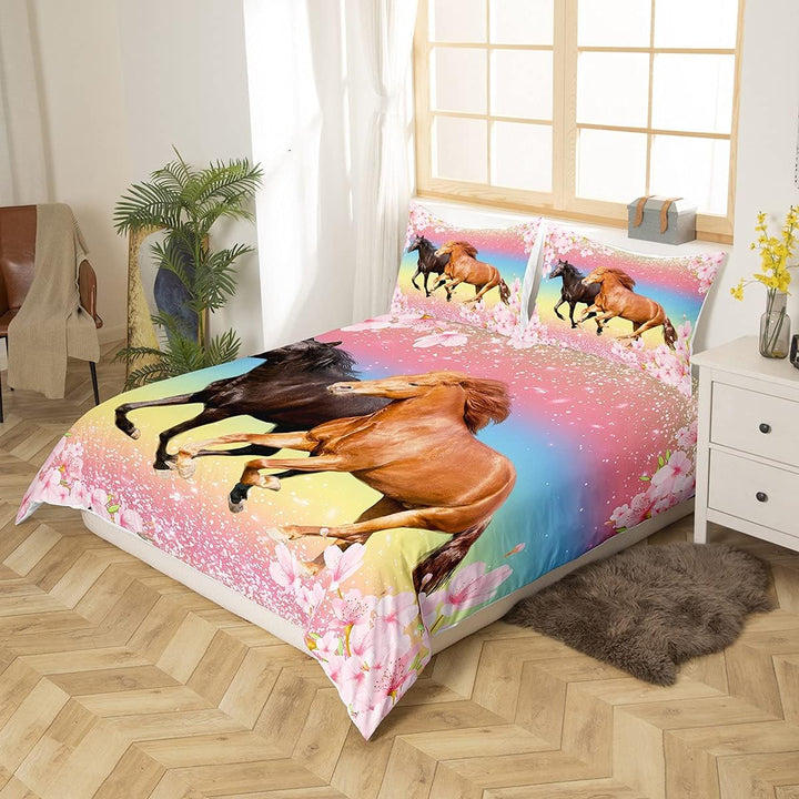 Homemissing Bettwäsche für Mädchen, Pferd, 220 x 240 cm, Motiv: Pferde, Rosa, Blumenmuster, Bettbezu