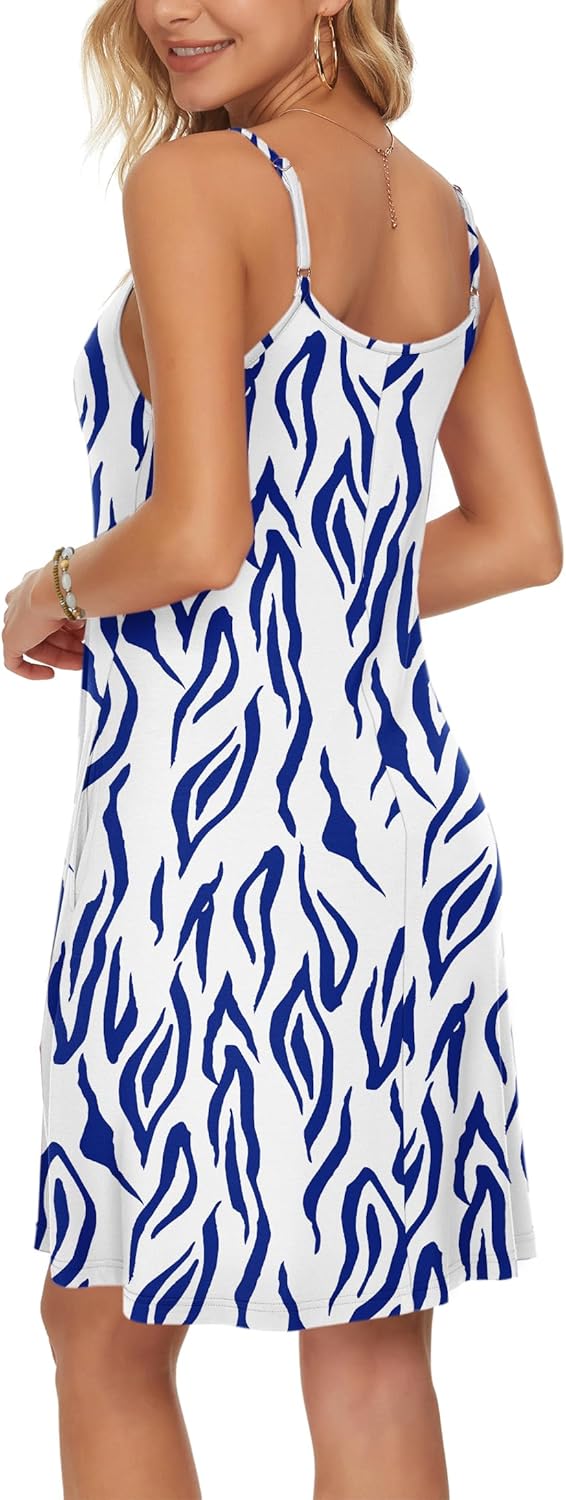 WNEEDU Damen Kleid Sommer Spaghettiträger Sommerkleid Kurze Strandkleider V Ausschnitt Leichte Freiz