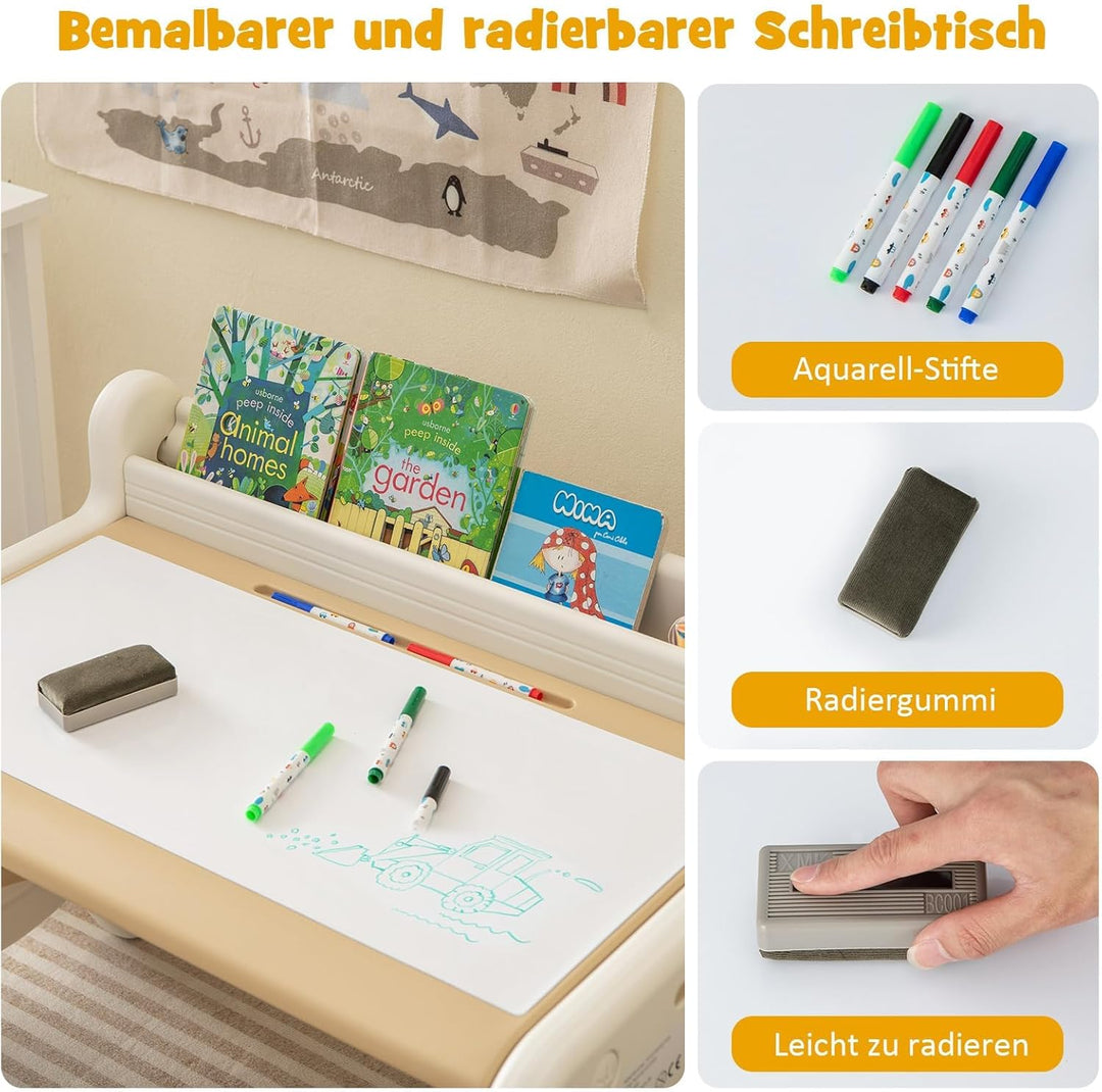 FANTASK Kinder Sitzgruppe mit höhen- und neigungsverstellbarer Tischplatte, Tisch mit Hocker, zum Ze