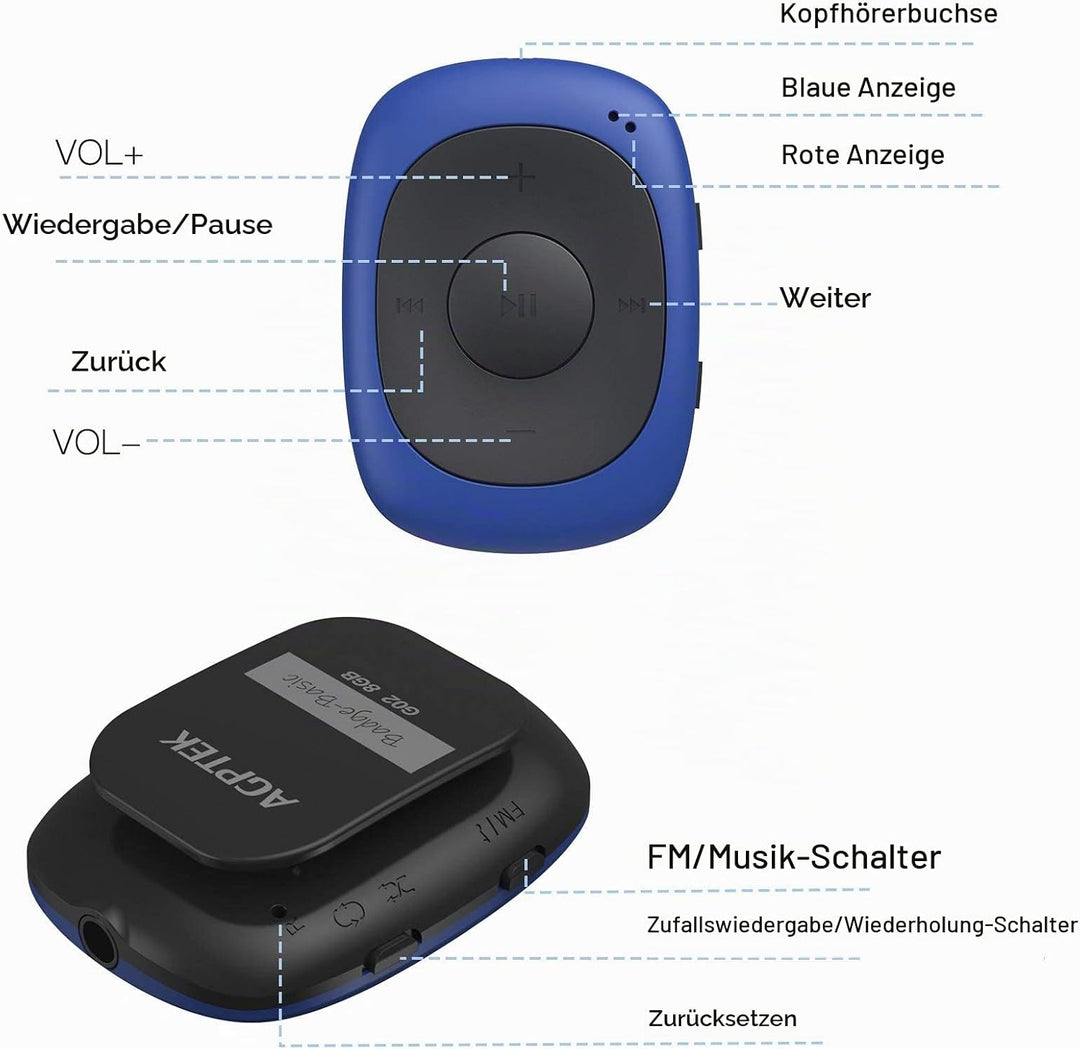 AGPTEK Mini Clip 64GB MP3 Player mit Bügel-Kopfhörer und Silikon Hülle, Leichter Sport Musik Player
