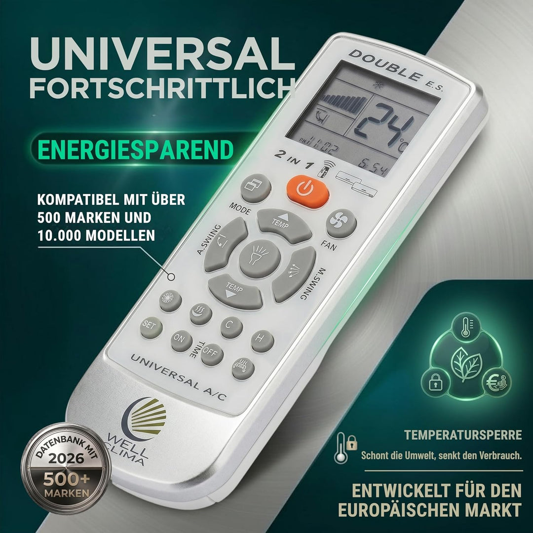 Wellclima Double E.S. Universal-Klimaanlagen-Fernbedienung, über 500 Marken kompatibel, integrierte