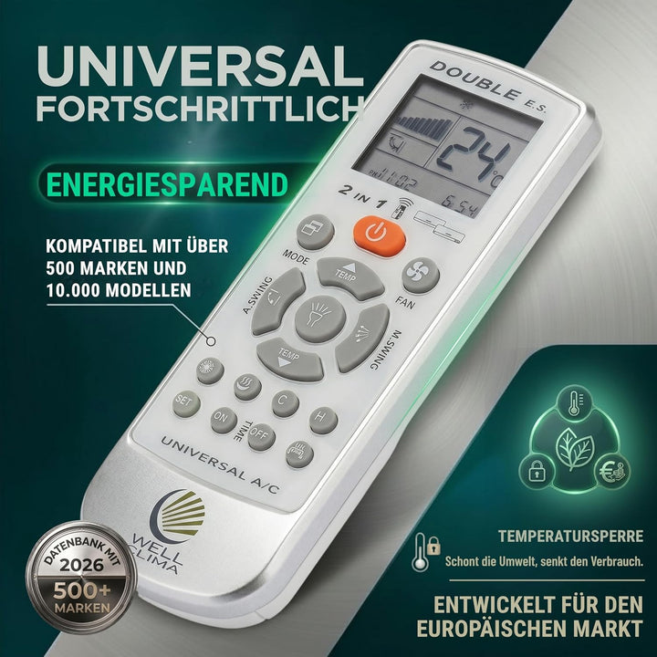 Wellclima Double E.S. Universal-Klimaanlagen-Fernbedienung, über 500 Marken kompatibel, integrierte