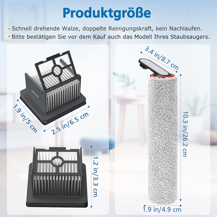 Bürstenrolle Filter Zubehör Kompatibel mit Dreame H12 Pro Trockensauger, 2 Bürstenrolle + 2 Filter +