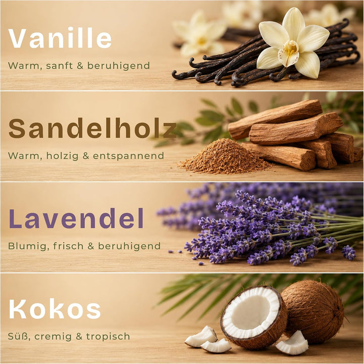 Kerzensand mit Duft Wellness Set 4x150g – [Vanille/Kokos/Lavendel/Sandelholz] – 12 Dochte inklusive