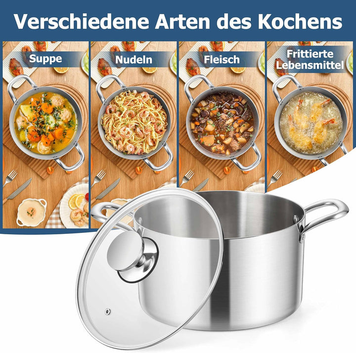 Homikit Kochtopf 22cm, 3-Lagen Suppentopf Induktion mit Glasdeckel, 4,7L Edelstahl Kochtöpfe Nudelto