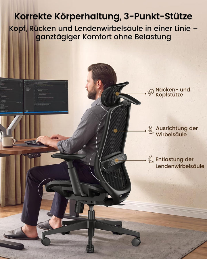 ProtoArc EC200 Pro Ergonomisch Netz-Bürostuhl mit Verstellbarer Sitztiefe