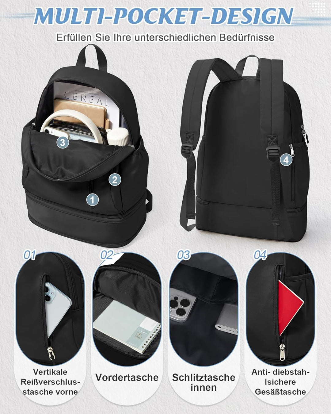 suradar Sportrucksack für Frauen mit Nasstasche und Schuhfach Sportrucksack Damen Gym Backpack Rucks