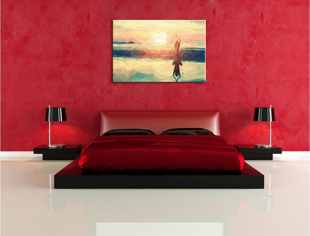 Pixxprint Frau in Einer Yogapose am Strand als Leinwandbild/Grösse: 100x70 cm/Wandbild/Kunstdruck/fe