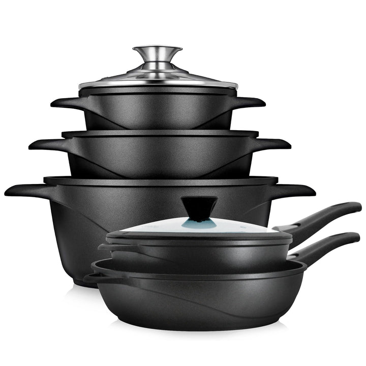 briebe Induktions-Kochgeschirr, 10-teilig, Set mit 3 Töpfen aus Aluminiumguss + 2 Pfannen, Antihaftb