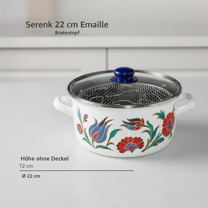 Serenk Emaille-Frittiertopf, 22 cm, 4 L, dekoriert, mit Glasdeckel und Frittierkorb, dunkelblauer Ku