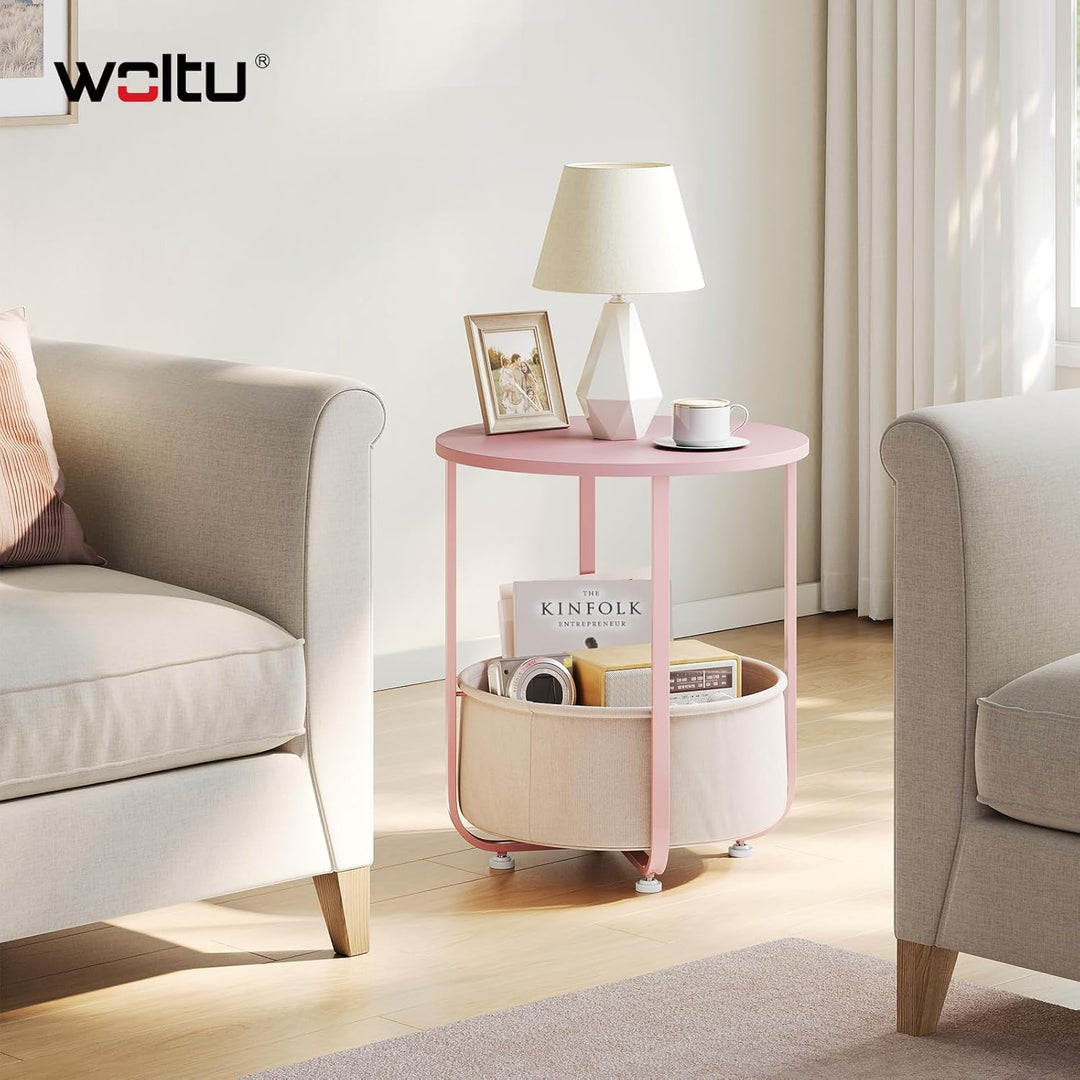 WOLTU Couchtisch rund, Kleiner Beistelltisch, mit abnehmbarem Stoffkorb, Metallrahmen, für Sofa Wohn