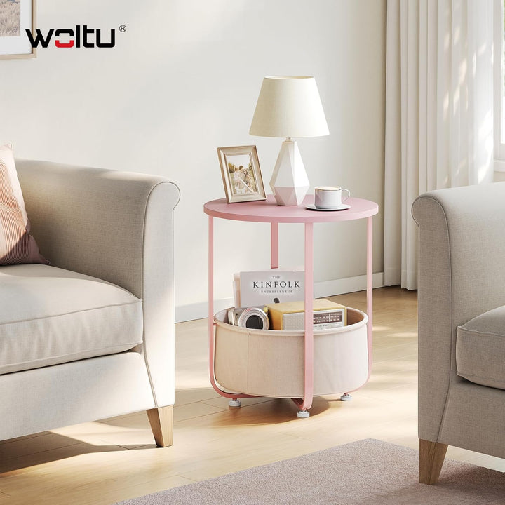 WOLTU Couchtisch rund, Kleiner Beistelltisch, mit abnehmbarem Stoffkorb, Metallrahmen, für Sofa Wohn