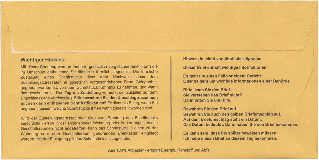 Postzustellungsumschläge DIN Lang „ Förmliche Zustellung “ - Zustellungshüllen mit Fenster (110 × 22