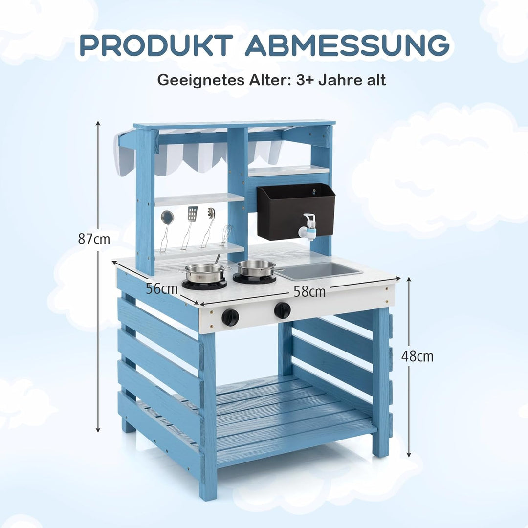 COSTWAY Matschküche Kinder Outdoor, Kinderküche Tannenholz mit Wasserfunktion, Doppelseitige Spielkü