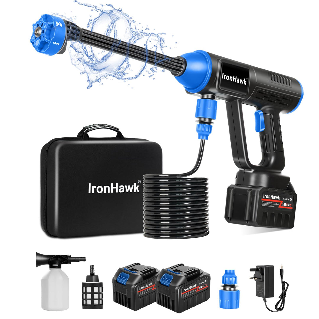 IronHawk Akku-Hochdruckreiniger Kabellos – 2×Li‑Ion Akkus, Tragbar &amp; Leicht, 6‑in‑1 Düse, 10m Schlau