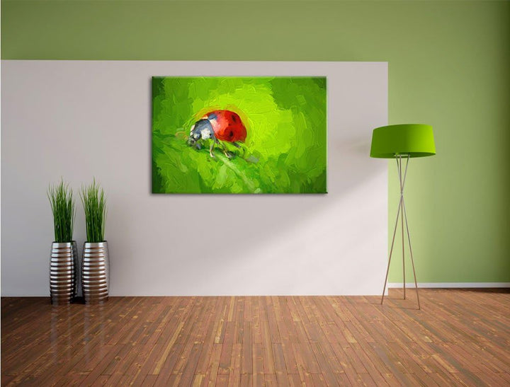 Pixxprint Kleiner Marienkäfer auf Blatt als Leinwandbild/Grösse: 100x70 / Wandbild/Kunstdruck/fertig