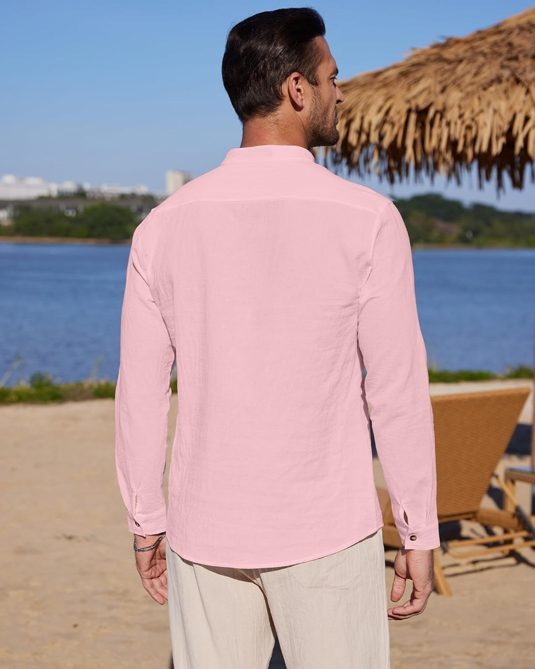 YAOBAOLE Herrenhemd, Leinen, Langarm, Sommer, Mao, lässig, Henley, Strandhemd, klassisch M Farbe: Ro
