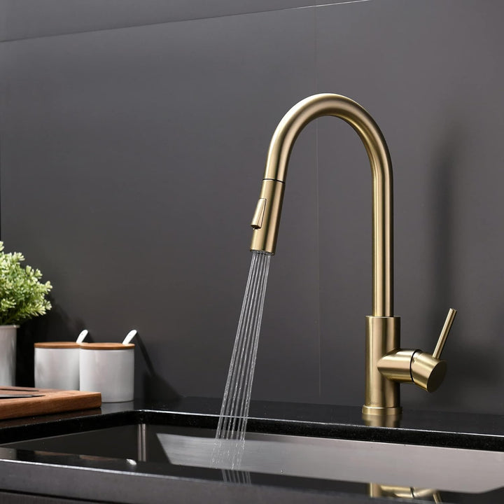 Tohlar Niederdruck Armatur Küche Gold, Niederdruck Wasserhahn Küche mit Ausziehbare Brause, Mischbat