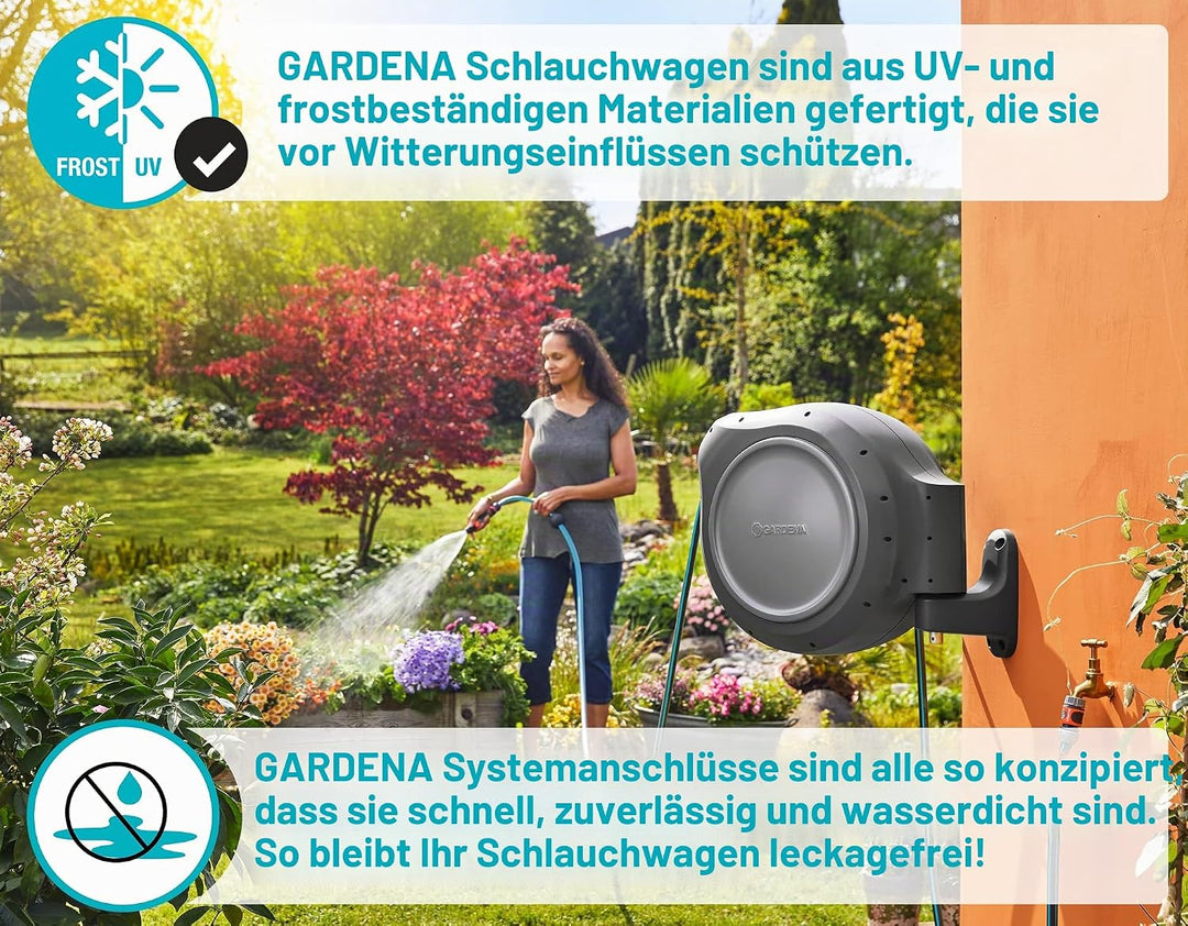 Gardena 8045 1,8 m Wandmontage, einziehbare Spule mit Schlauchführung, Fuss, grau 66 ft mit extra Sc