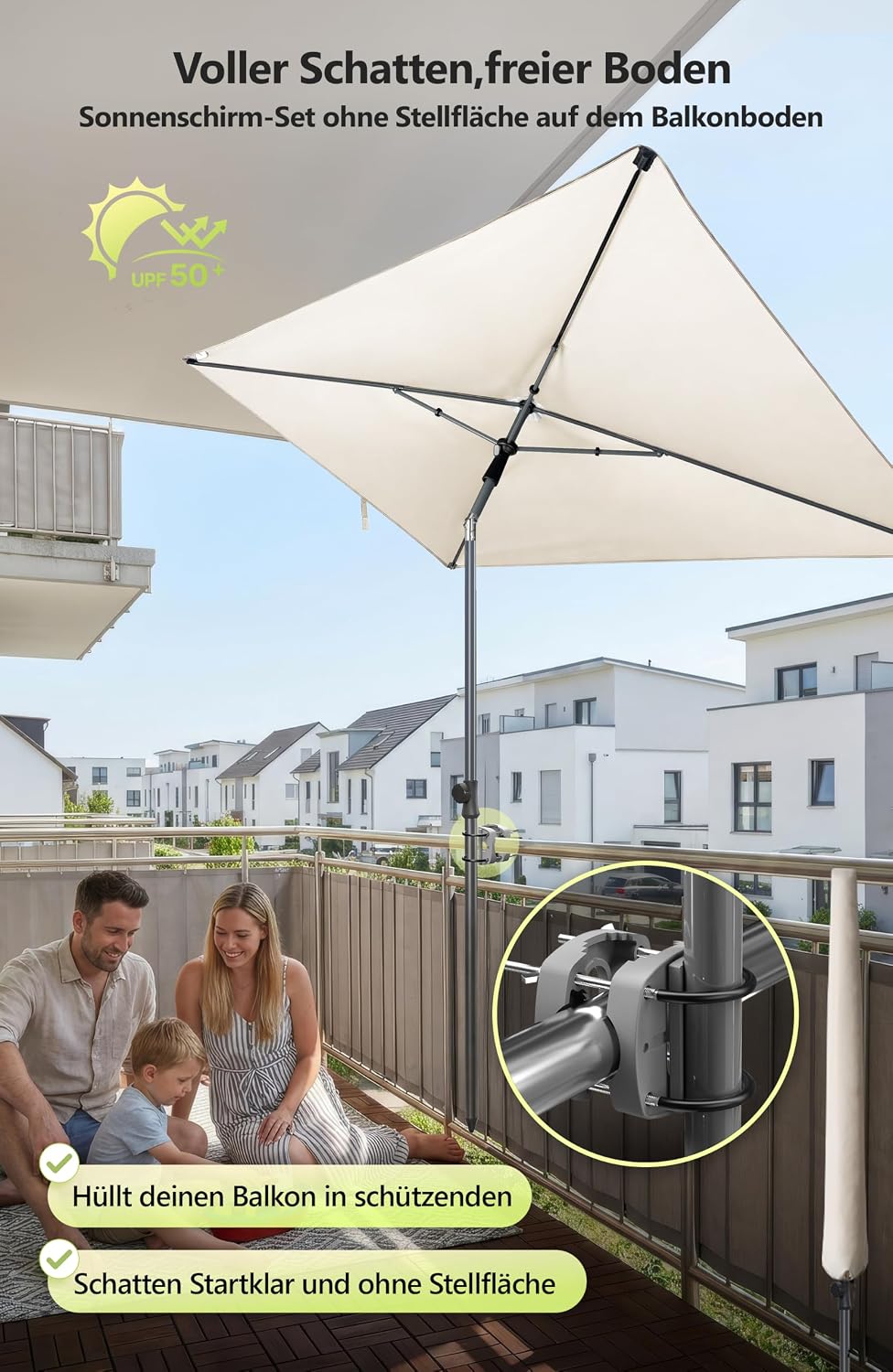 4smile Sonnenschirm Balkon im Set – Sonnenschirm rechteckig 210×140 cm, UV 50+ Sonnenschutz Balkon,