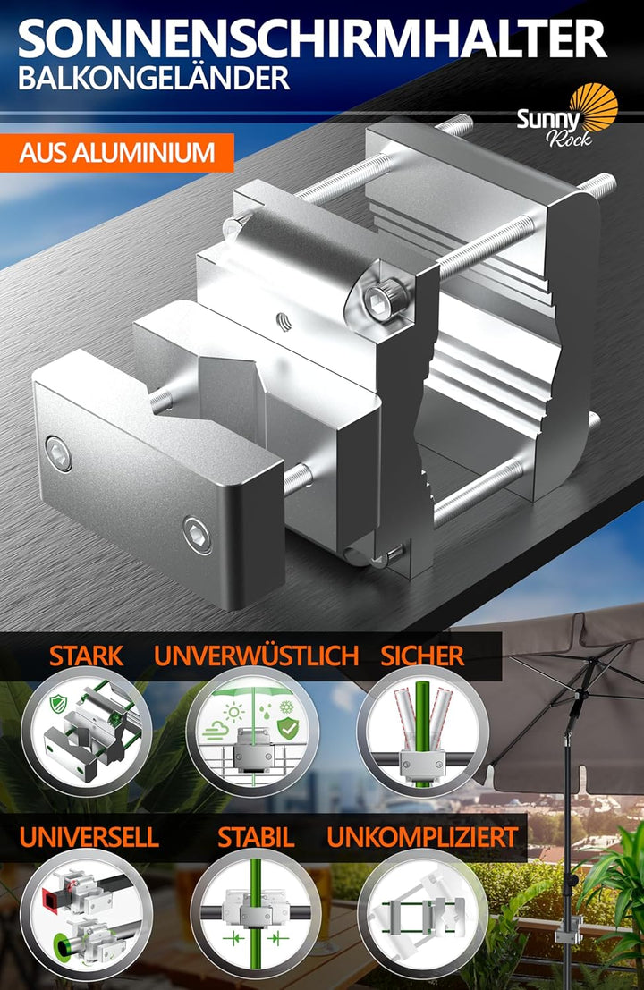 4smile Sonnenschirmhalter Balkongeländer SunnyRock - Extra-Starke Aluminium Sonnenschirm Halterung B