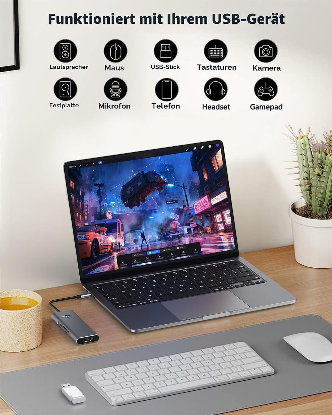 USB C HUB for iPad Pro Adapter 4K 60Hz HDMI, 100W PD, SD/TF Card Reader, 3 USB A Port, 3.5mm Audio J