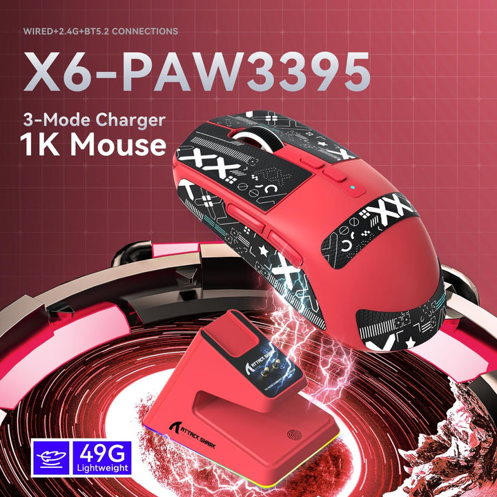 ATTACK SHARK X6 49g Superlight Mouse with Magnetic Charging Dock, PixArt PAW3395 Gaming Sensor, BT/2
