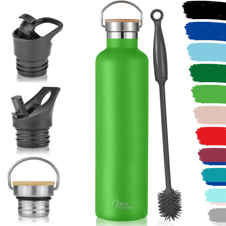 Milu Edelstahl Trinkflasche 500ml 750ml 1000ml (+3 Deckel) Thermosflasche mit Strohhalm, Isolierte W
