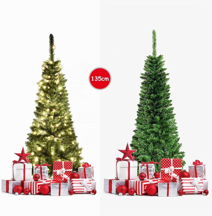 COSTWAY 135/200/225cm Bleistift Weihnachtsbaum mit warmweissen LED-Leuchten, künstlicher Tannenbaum