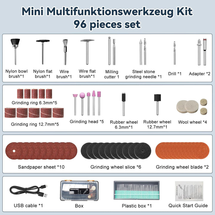 Elektrische Gravierstift, 96pcs Multifunktionaler Gravierwerkzeugsatz, Tragbare Drahtlose Gravurwerk