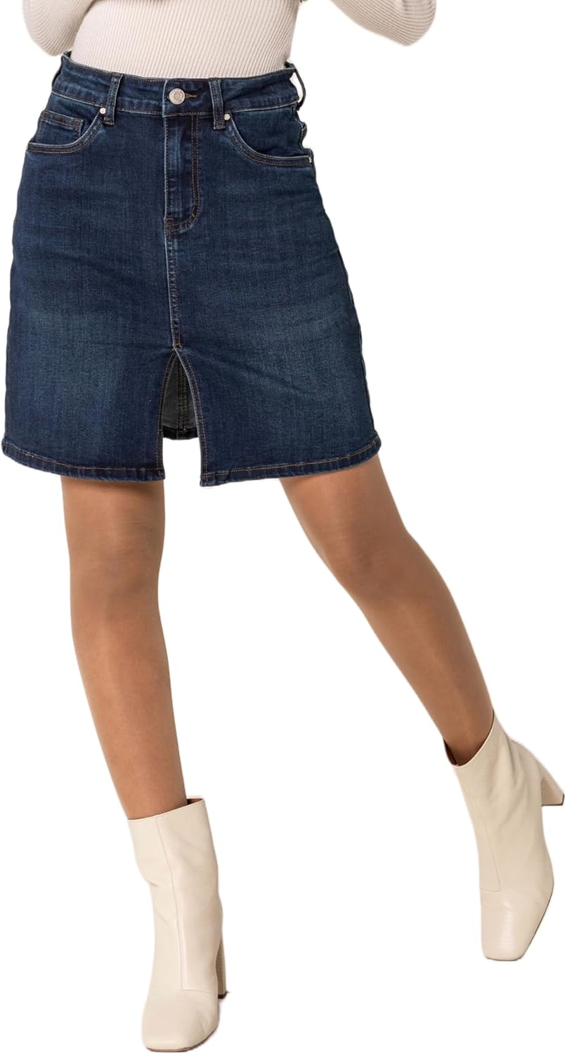 Nina Carter P213 Damen Kurzer Jeansrock mit Vorderem Schlitz Reissverschluss Stretch Used-Look Dunke