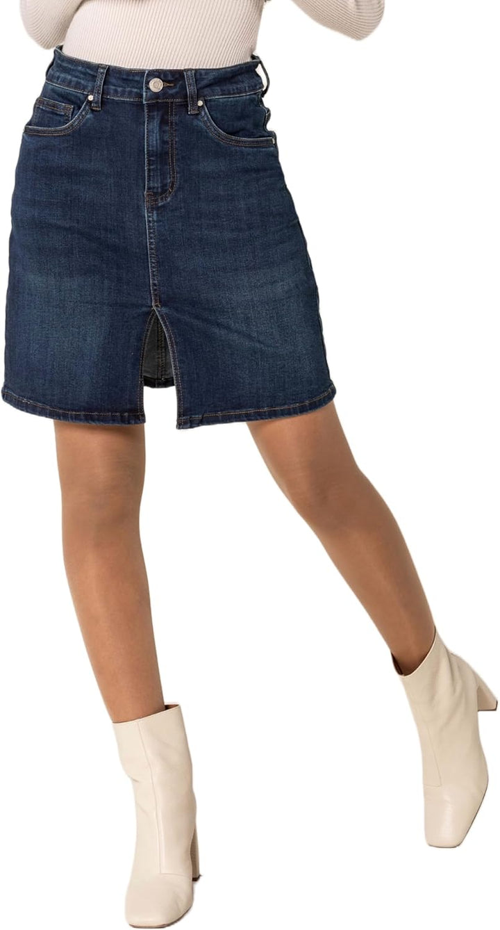 Nina Carter P213 Damen Kurzer Jeansrock mit Vorderem Schlitz Reissverschluss Stretch Used-Look Dunke