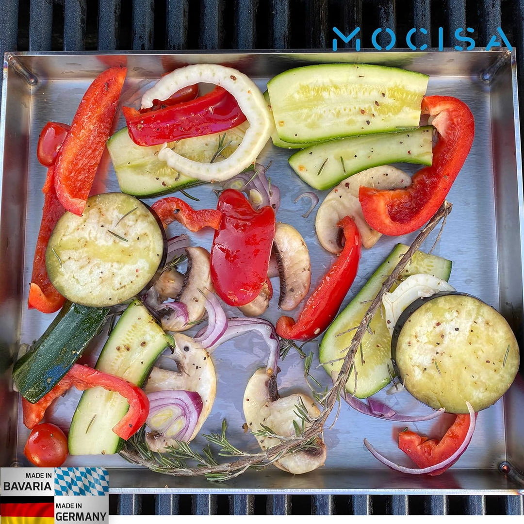 mocisa Grillplatte | Plancha | BBQ-Wanne | Grillkorb | Made in Germany | Edelstahl | Massiv | hochwe