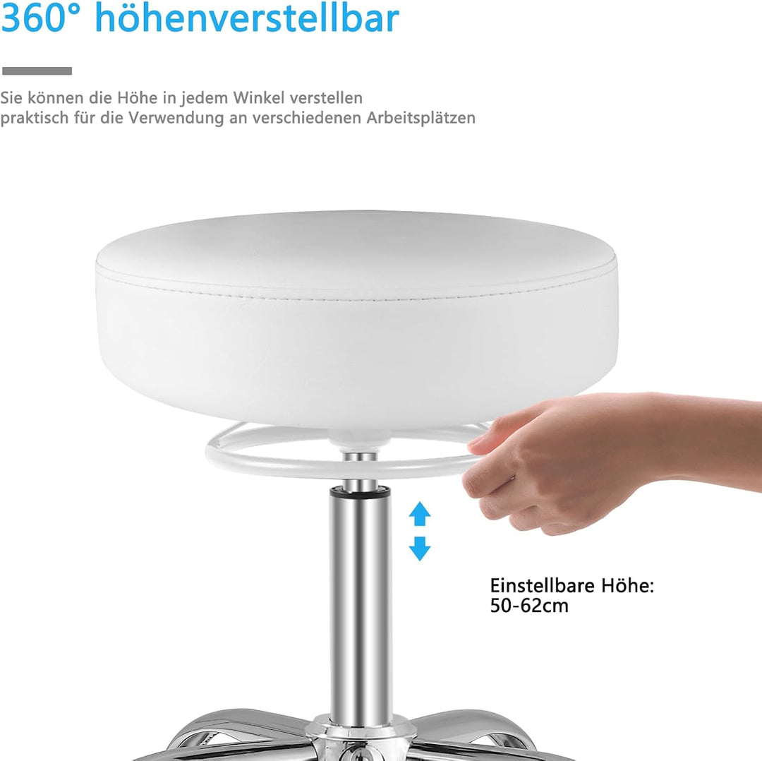 Rollhocker Höhenverstellbar 180 kg Belastbarkeit (Weiss) | 50-62 cm höhenverstellbar, PU-Leder, 360°
