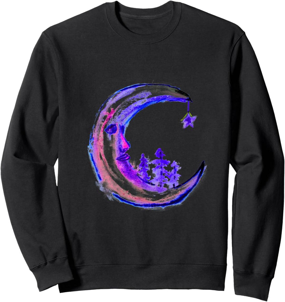 Mond trauriges Gesicht Sterne Wald Aquarell Kunst skurril Sweatshirt