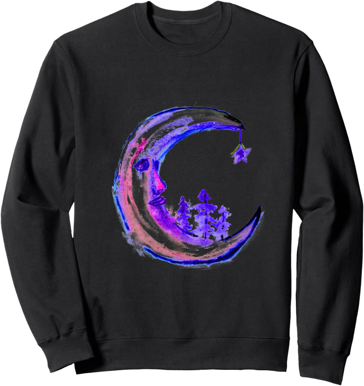 Mond trauriges Gesicht Sterne Wald Aquarell Kunst skurril Sweatshirt