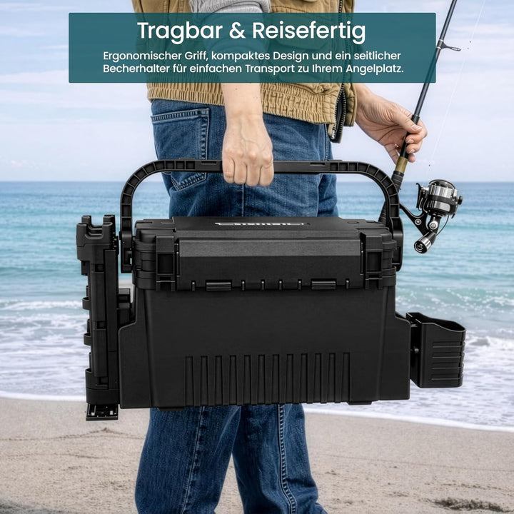 2-stöckig Gross Angelkoffer Tackle Box mit Rutenhalter & Becherhalter, klappbarem Tragegriff, 43×23×