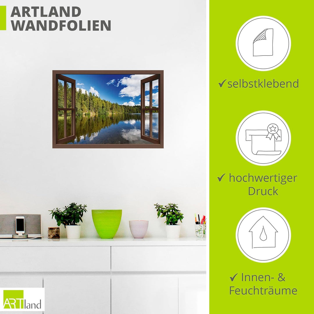 ARTland Wandbild selbstklebend Vinylfolie 100x70 cm Fensterblick Wald See Landschaft Norwegen Natur