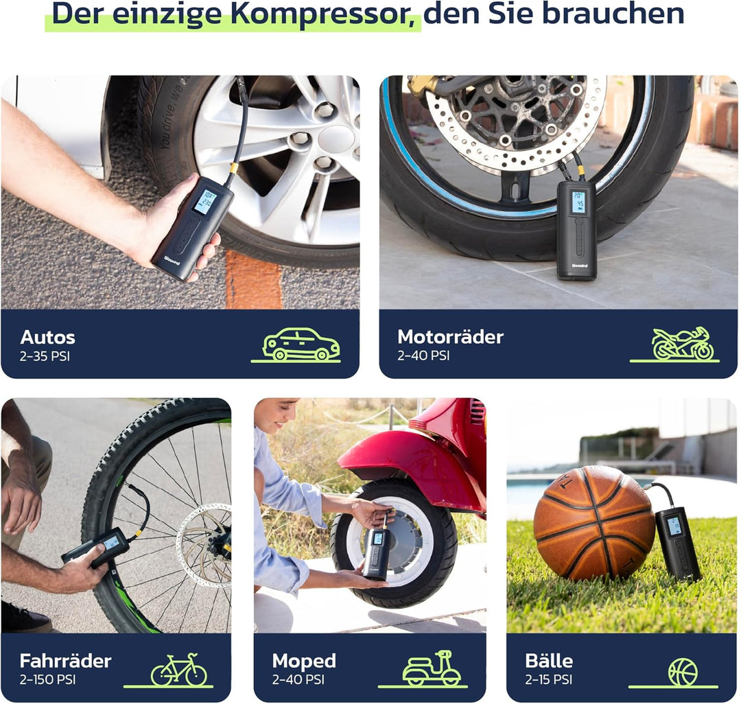 Woowind Akku Kompressor, Elektrische Luftpumpe Auto und Fahrradpumpe elektrisch, 150 PSI, inkl. Pres