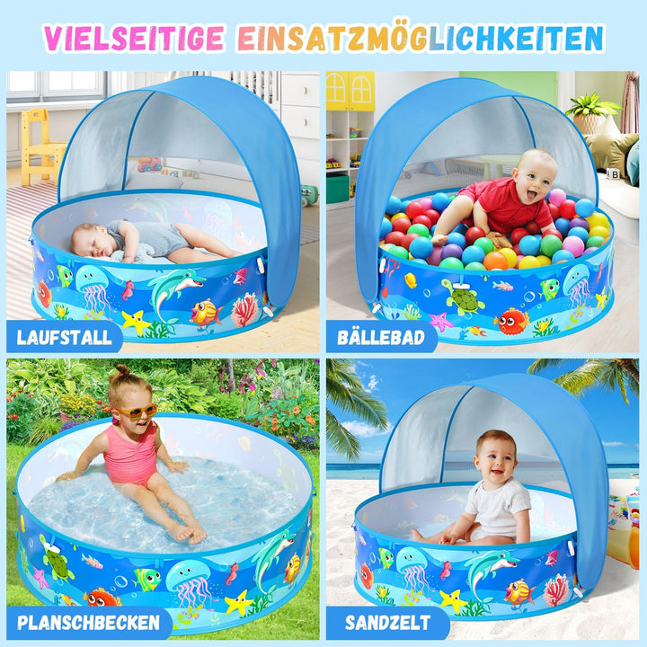 Baby Planschbecken mit Dach, Pop-Up Strandmuschel Baby UV Schutz 50+ mit Aufbewahrungstasche, 4 in 1