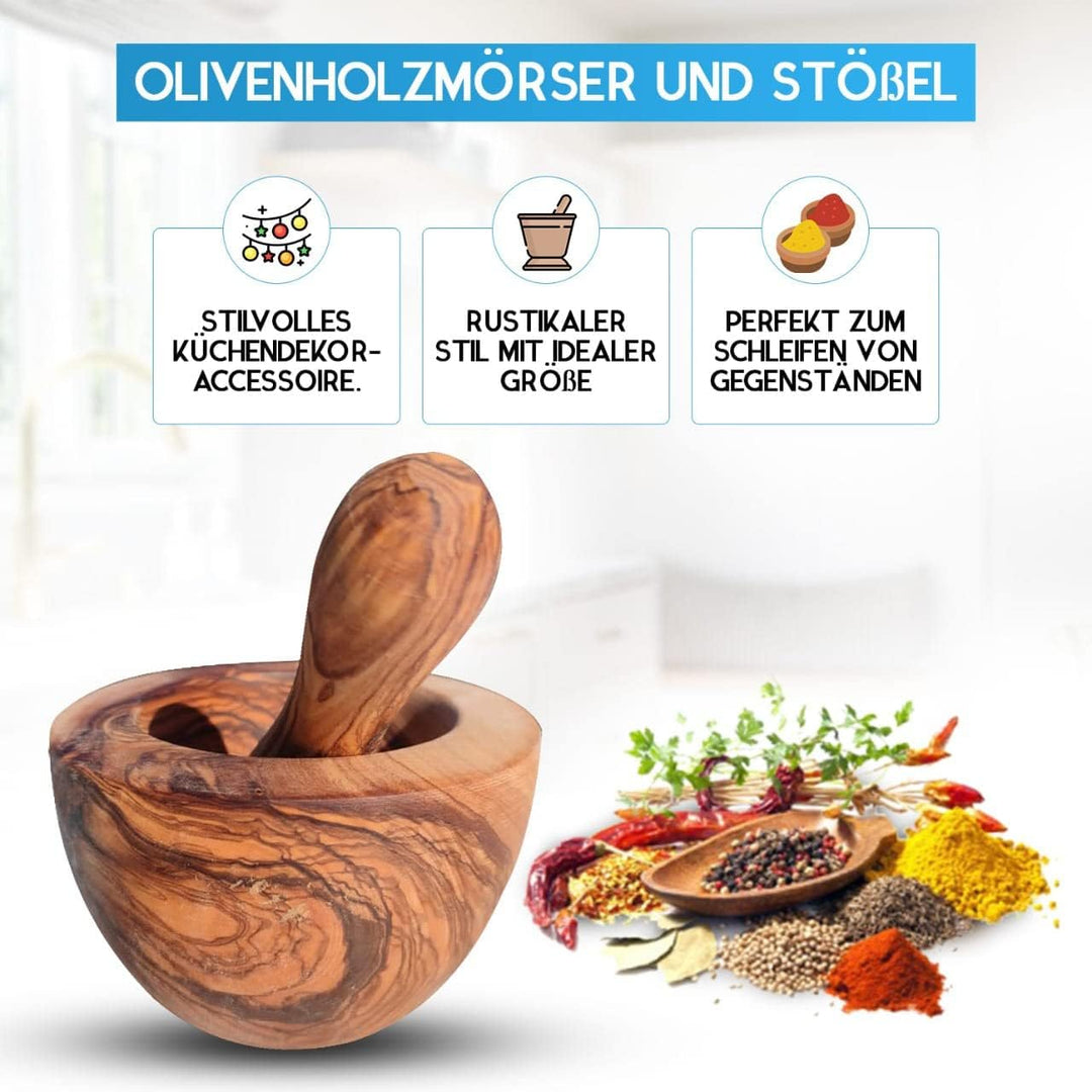 Mörser mit Stössel aus Olivenholz, Kräutermörser, handgefertigt mit Naturrand, Küchenmörser Holzmörs