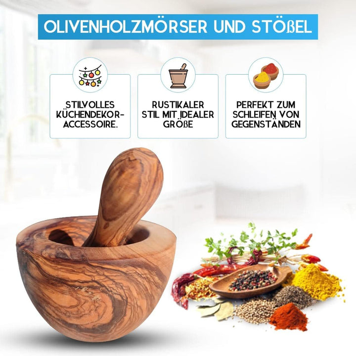 Mörser mit Stössel aus Olivenholz, Kräutermörser, handgefertigt mit Naturrand, Küchenmörser Holzmörs