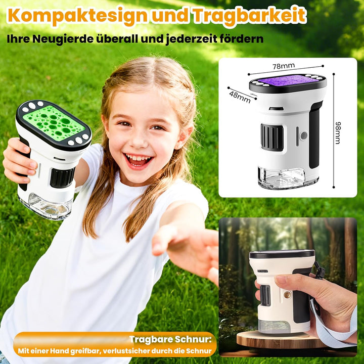 FIVAVA 1000X Mikroskop für Kinder, tragbares Digitales Mikroskop mit 2,0-Zoll-IPS-Display, Kinderlup