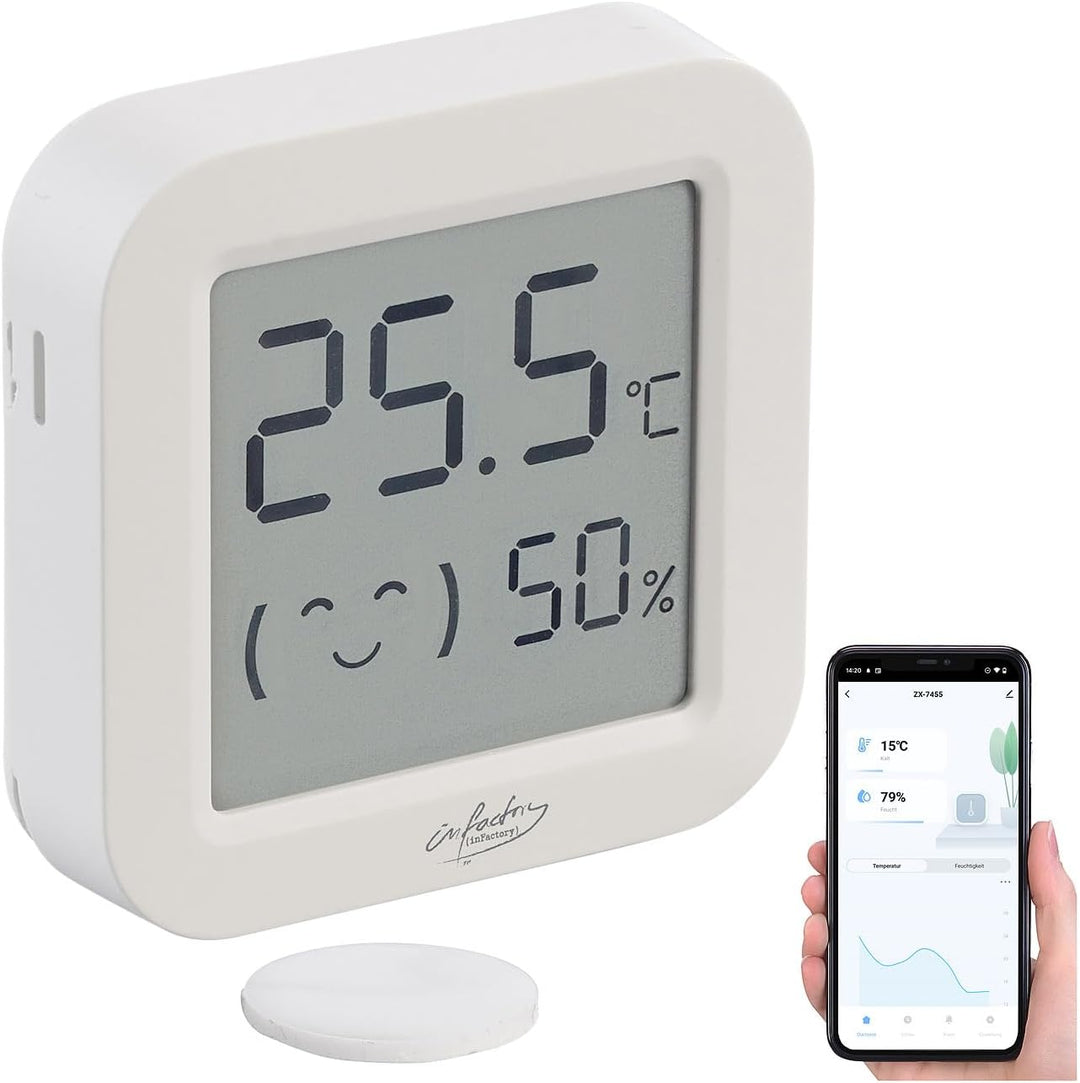 infactory Temperaturmessgerät: 4er-Set Mini-Thermo-/Hygrometer, Komfort-Anzeige, LCD, Bluetooth, App