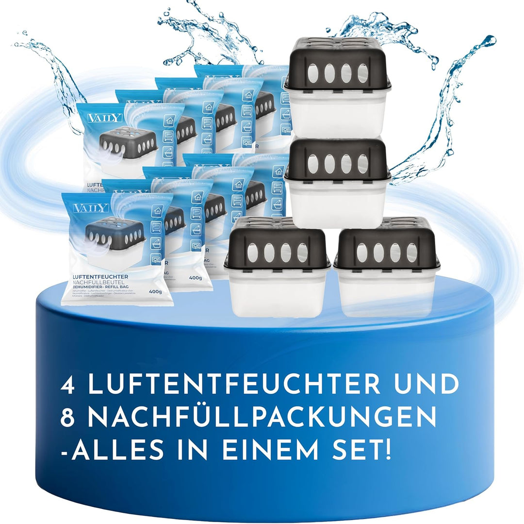 Vaily Luftentfeuchter 4er Set mit 8x 400g Nachfüllbeutel - Raumentfeuchter mit Granulat für Bad, Kel