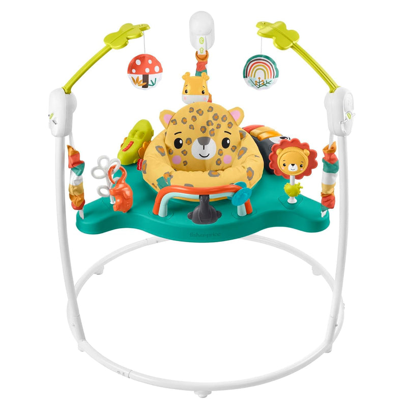 Fisher-Price Hüpf-Leopard Jumperoo - Spielcenter mit Wippe, 360 Grad Sitz, Abnehmbarer Tukan, höhenv