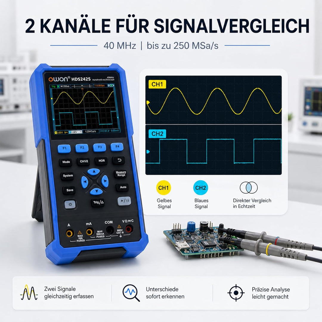 HDS242S OWON Oszilloskop mit zwei Kanälen und 1CH Signalquelle 40MHz Bandbreite Tragbares 3 in 1 Osz