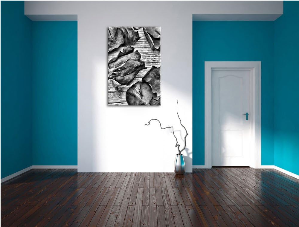 Pixxprint Monocrome, Trockene Rosen auf altem Holztisch, Format: 100x70 auf Leinwand, XXL riesige Bi