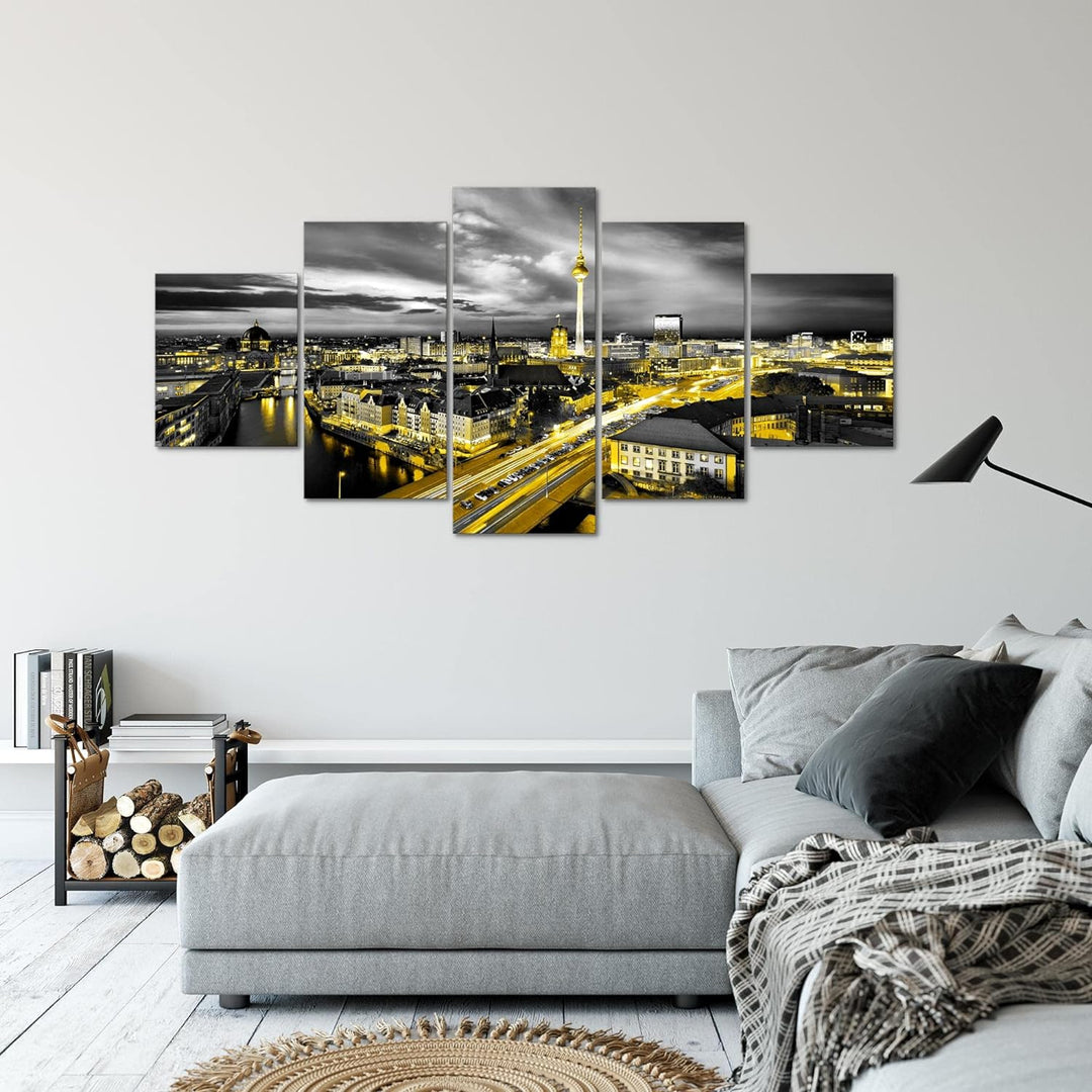 Runa Art - Bilder Berlin Skyline 200 x 100 cm 5 Teilig XXL Wanddekoration Design Schwarz Gelb 004351